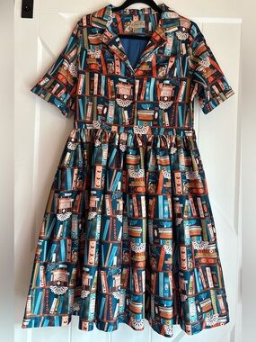 Lindy Bop Bletchley Book Print Dress Turquoise US 12